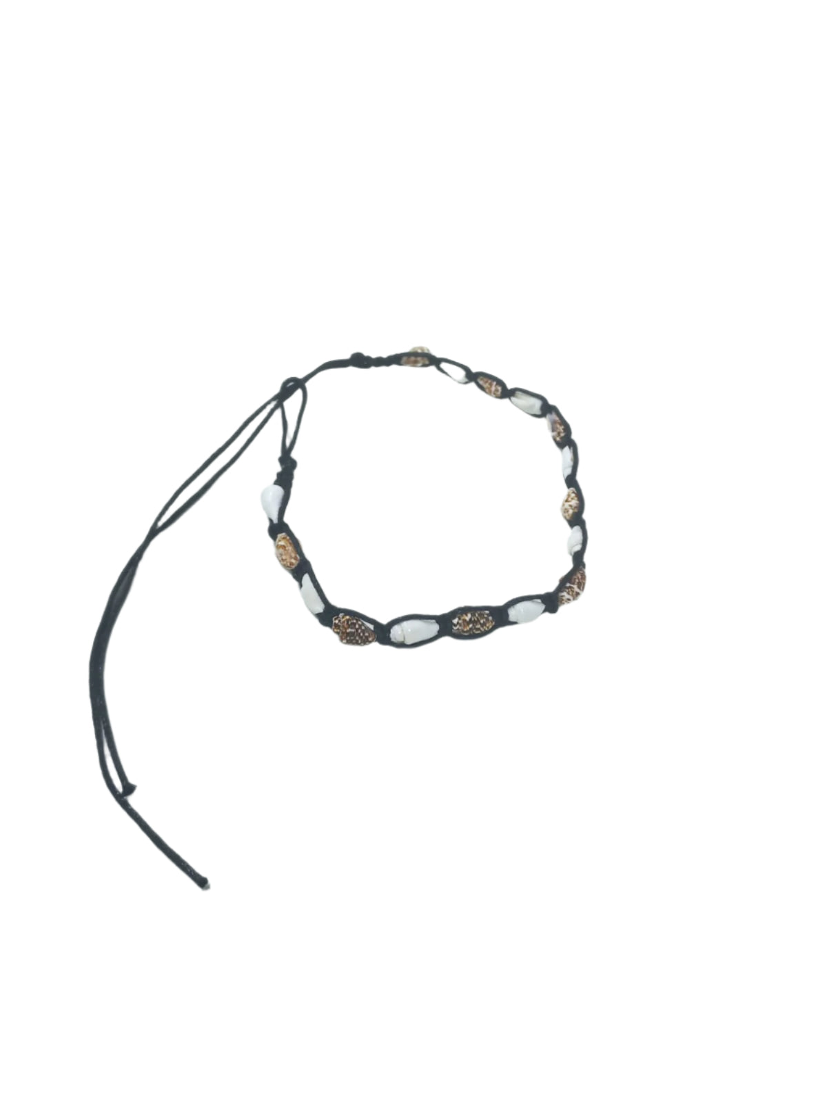 Black hand-woven foot accessory with shell decoration for the foot.