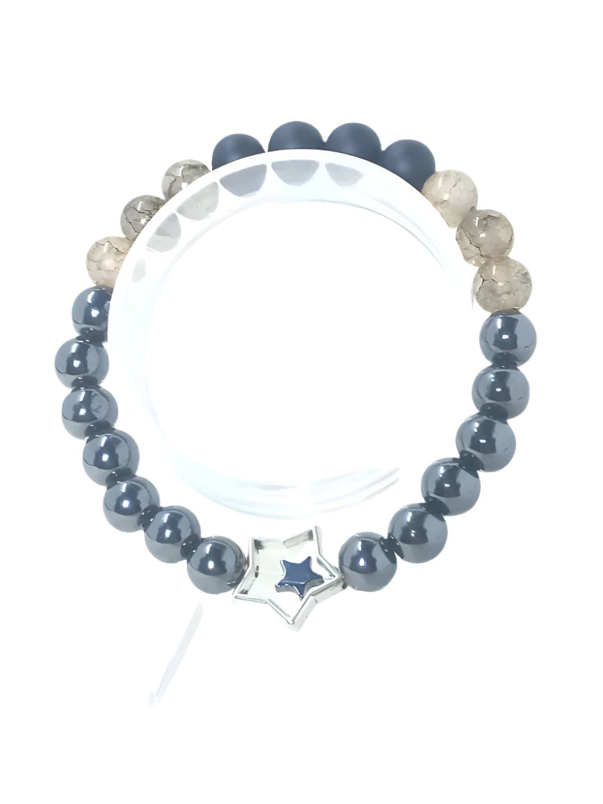 Hematite and black Onyx bracelet, with grey glass beads and double star pendant.