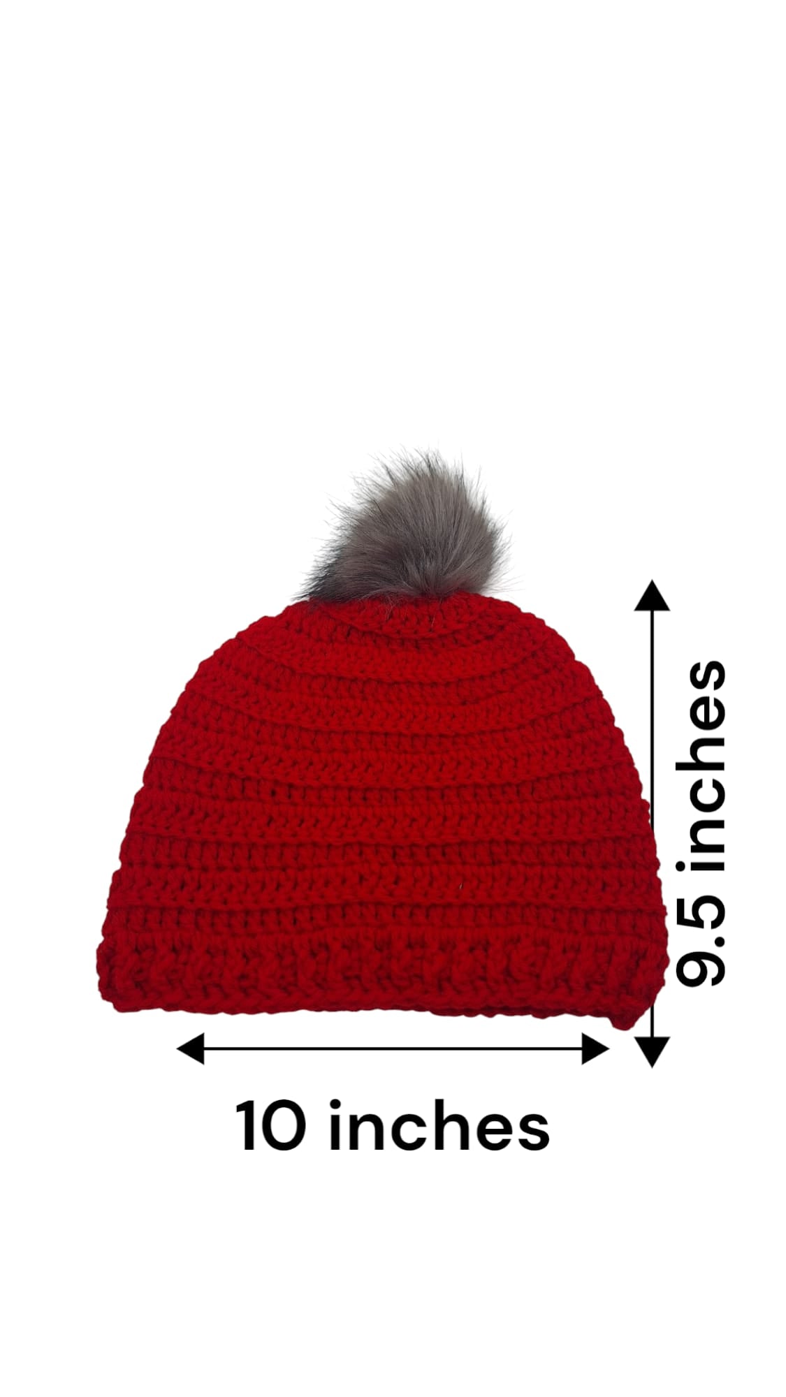 hand-knitted red hat for women with acrylic pompom.