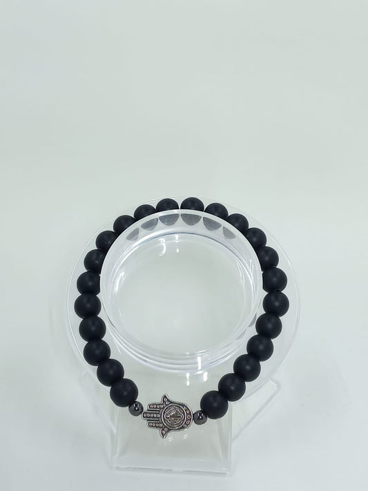 Black Onyx bracelet with Handsa and St. Benedict Hand.